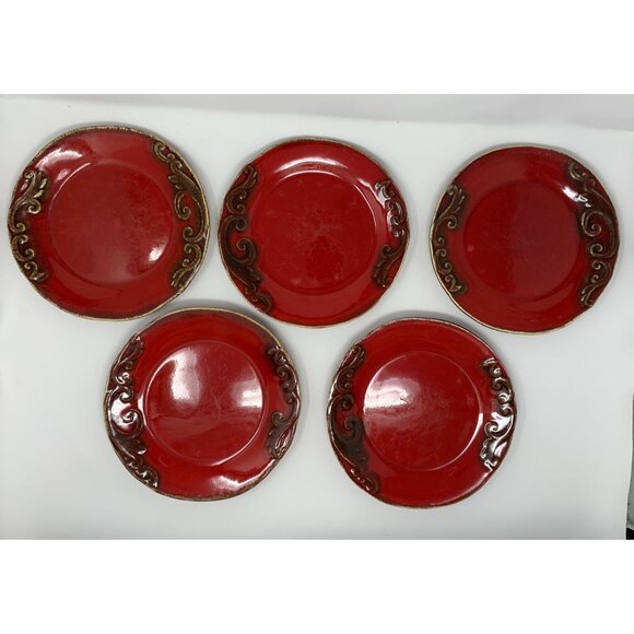 PIER 1 IMPORTS VANIA Salad Plates ~ Set of 5 ~ Brown Scrolls on Red ~ Italy - Picture 2 of 13